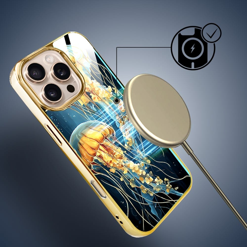 Etui do iPhone 16 Pro Max IBIZU Elite Glass z MagSafe Morze, Meduzy w głębinach, złote - obrazek 7