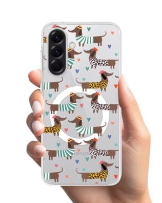 Etui do Samsung Galaxy A56 5G z MagSafe przeźroczyste, silikonowe Flexi, zakochane jamniki