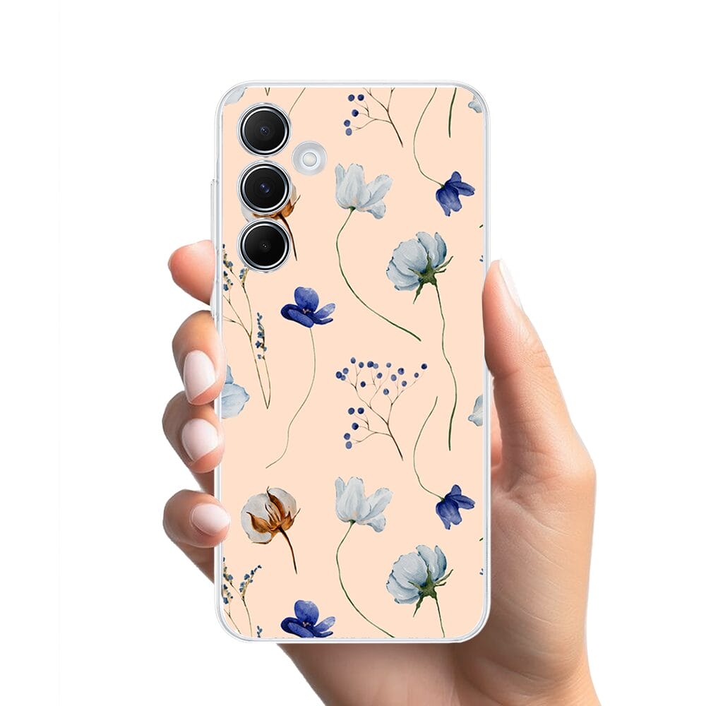 Etui do Samsung Galaxy A55 5G przeźroczyste, silikonowe Flexi, kwiatki niebieskie na pudrowym tle - obrazek 2