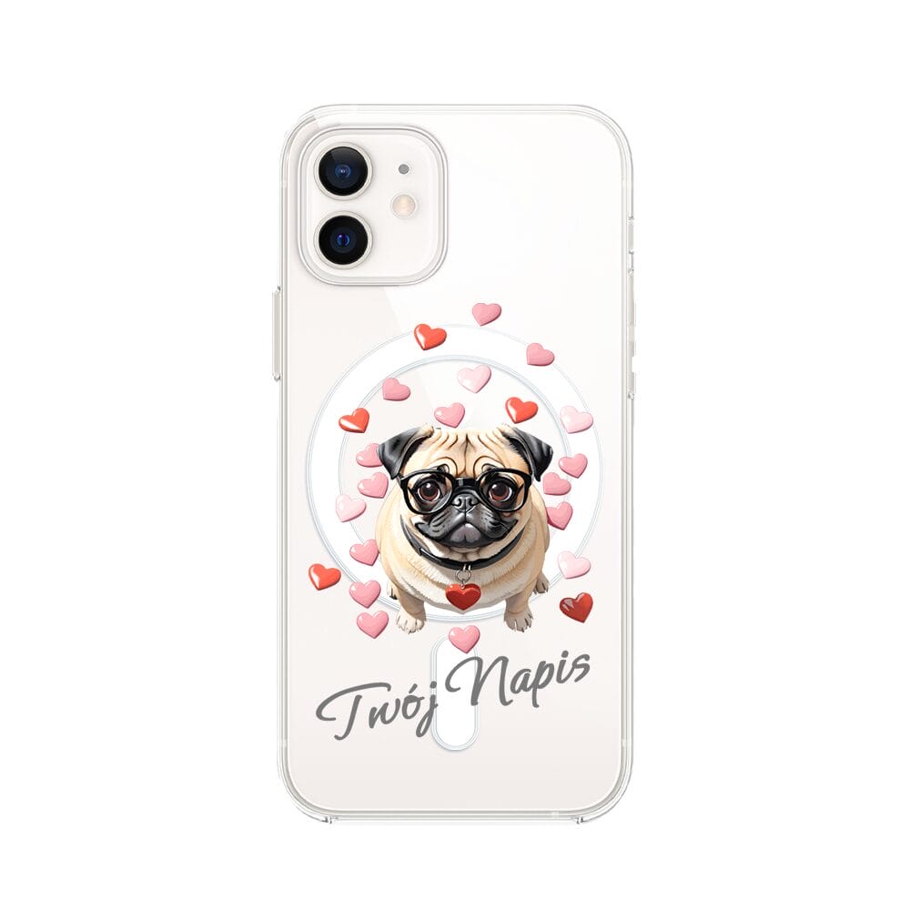 Etui do iPhone 12 z MagSafe przeźroczyste, silikonowe Flexi, Puppy Love, pies rasy Mops