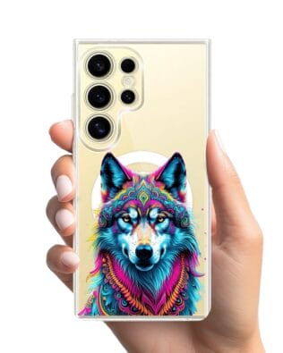 Etui do Samsung Galaxy S24 Ultra z MagSafe przeźroczyste, silikonowe Flexi, Dzika Mandala, Wilk