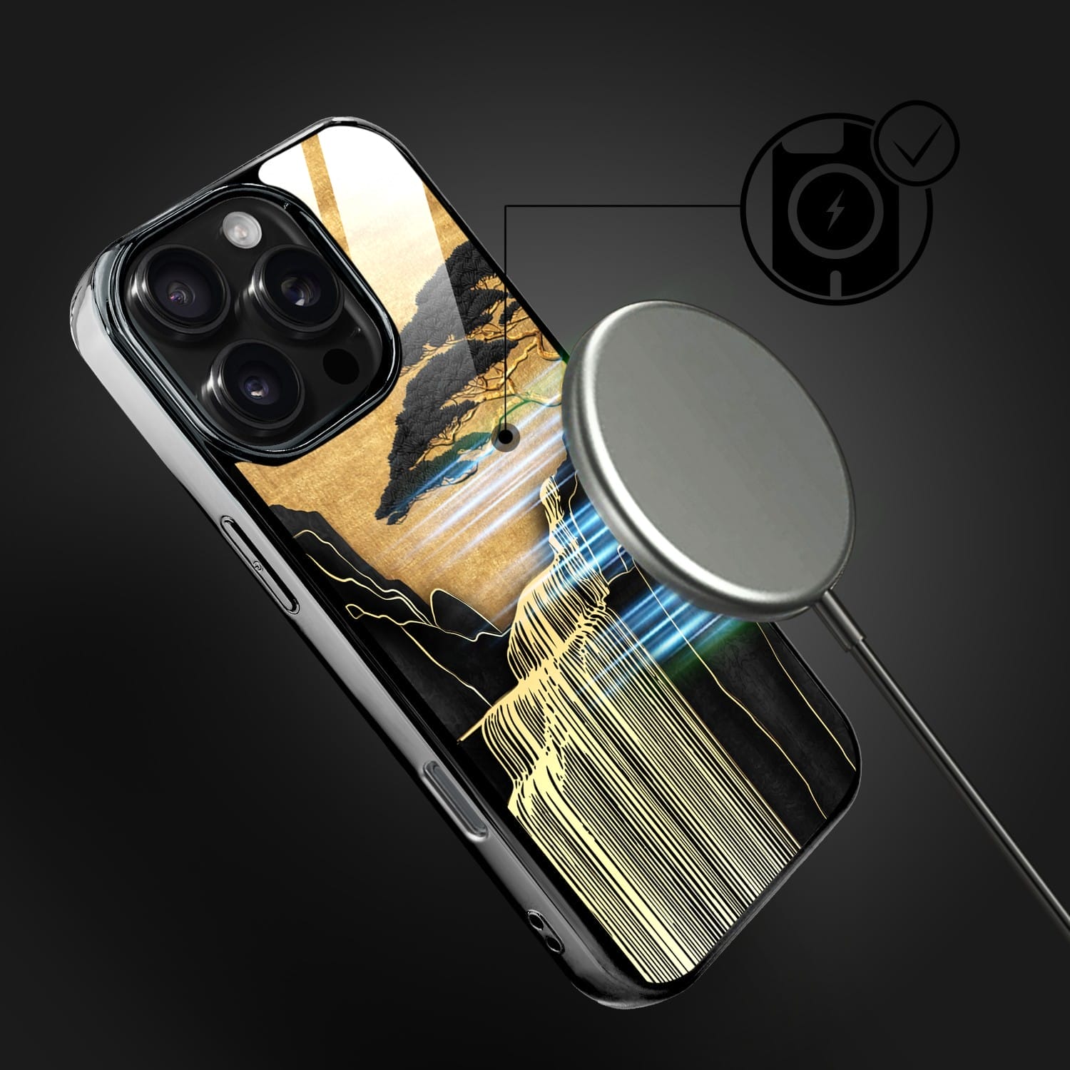 Etui do iPhone 16 Pro IBIZU Elite Glass z MagSafe Magia Azji, Złoty wodospad, czarne - obrazek 7