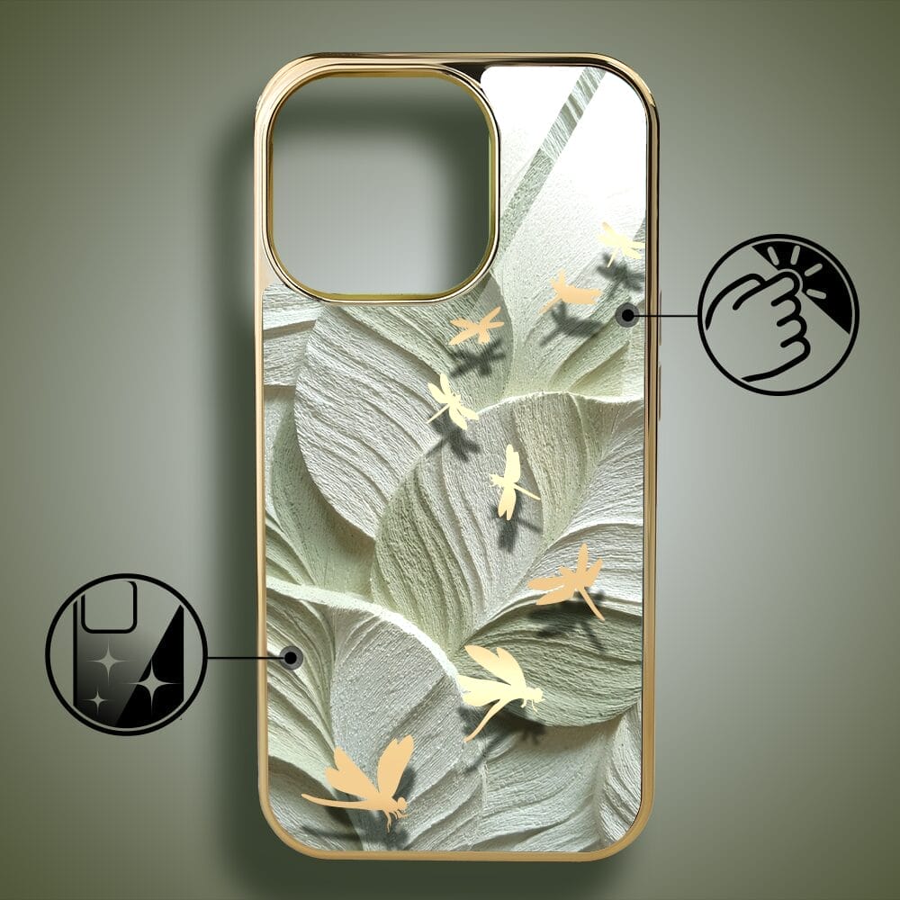 Etui do iPhone 16 Pro Max IBIZU Elite Glass z MagSafe Kwiaty, Taniec ważek, złote - obrazek 2