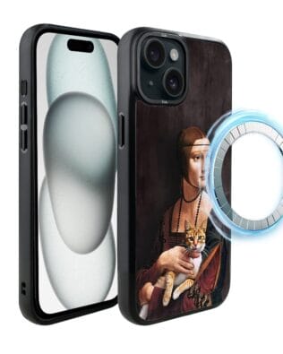 Etui do iPhone 15 IBIZU DropGuard Matt z MagSafe, Leonardo Da Vinci, dama z kotem