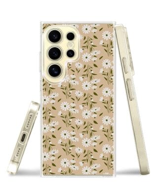 Etui do Samsung Galaxy S24 Ultra z MagSafe przeźroczyste, silikonowe Flexi, delikatne kwiatki na cielistym tle