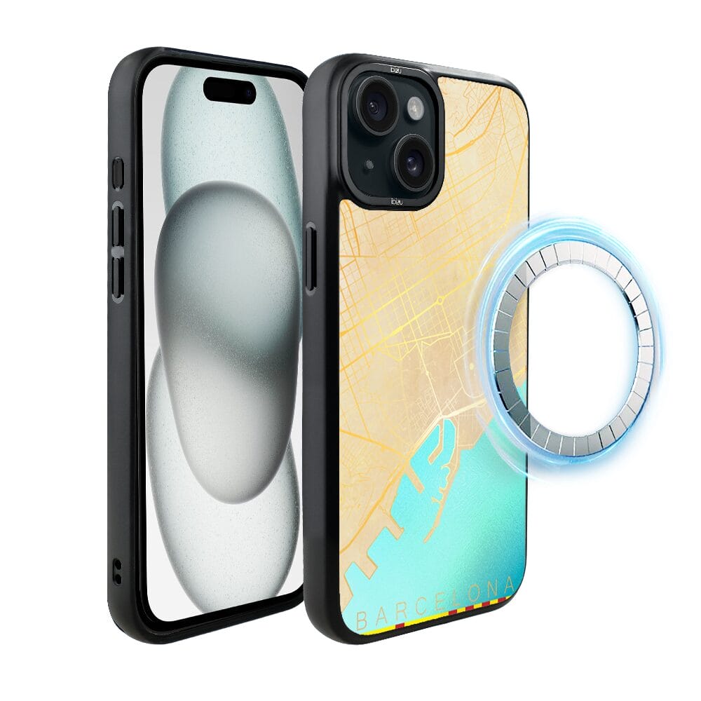 Etui do iPhone 15 IBIZU DropGuard Matt z MagSafe, Mapy Świata, Barcelona