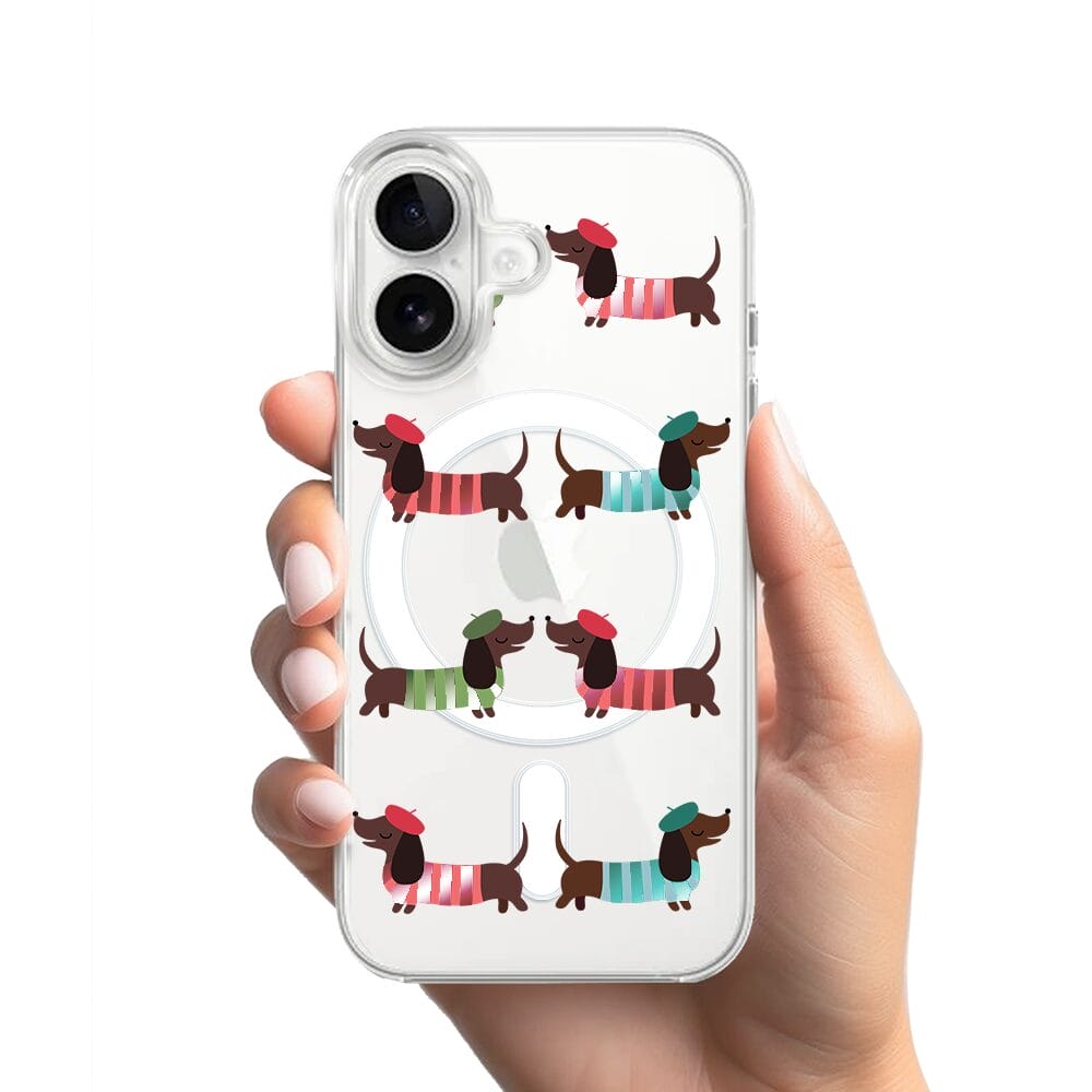 Etui do iPhone 16 z MagSafe przeźroczyste, silikonowe Flexi, jamnik w Paryżu - obrazek 2