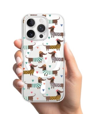 Etui do iPhone 15 Pro Max z MagSafe przeźroczyste, silikonowe Flexi, zakochane jamniki