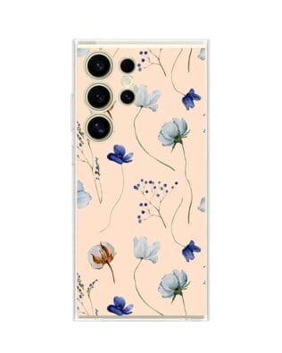 Etui do Samsung Galaxy S24 Ultra przeźroczyste, silikonowe Flexi, kwiatki niebieskie na pudrowym tle