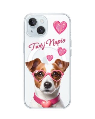 Etui do iPhone 15 Plus z MagSafe przeźroczyste, silikonowe Flexi, Puppy Love, pies rasy Jack Russell Terrier
