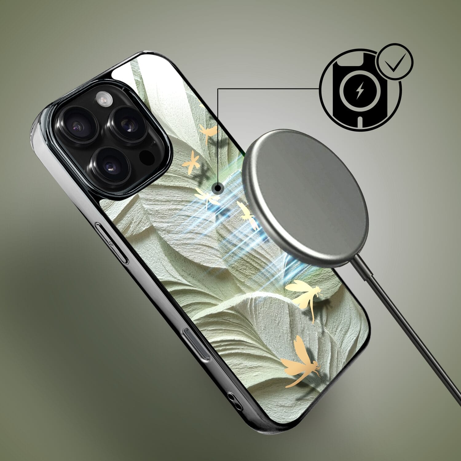 Etui do iPhone 16 Pro IBIZU Elite Glass z MagSafe Kwiaty, Taniec ważek, czarne - obrazek 7