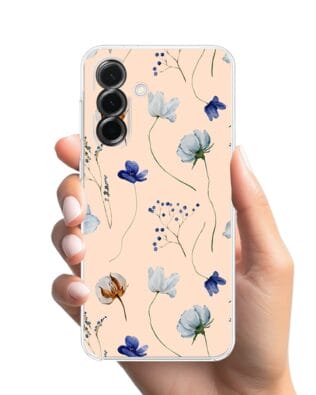 Etui do Samsung Galaxy A36 5G przeźroczyste, silikonowe Flexi, kwiatki niebieskie na pudrowym tle