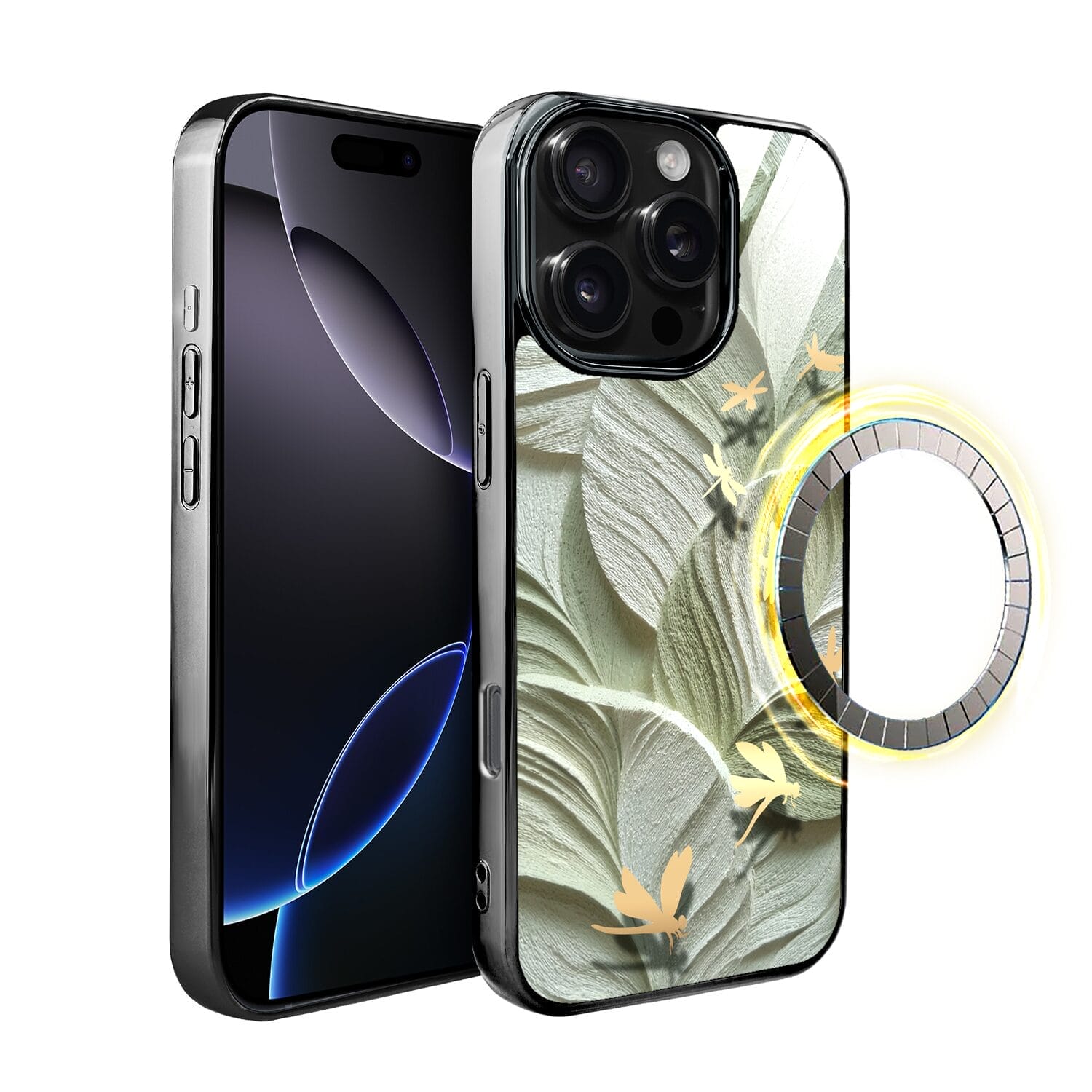 Etui do iPhone 16 Pro IBIZU Elite Glass z MagSafe Kwiaty, Taniec ważek, czarne