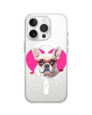 Etui do iPhone 15 Pro Max z MagSafe przeźroczyste, silikonowe Flexi, Puppy Love, pies rasy Buldog Francuski