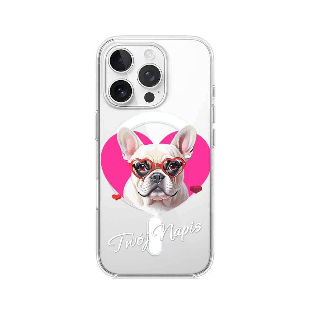 Etui do iPhone 15 Pro Max z MagSafe przeźroczyste, silikonowe Flexi, Puppy Love, pies rasy Buldog Francuski