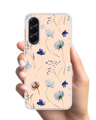 Etui do Samsung Galaxy A56 5G z MagSafe przeźroczyste, silikonowe Flexi, kwiatki niebieskie na pudrowym tle