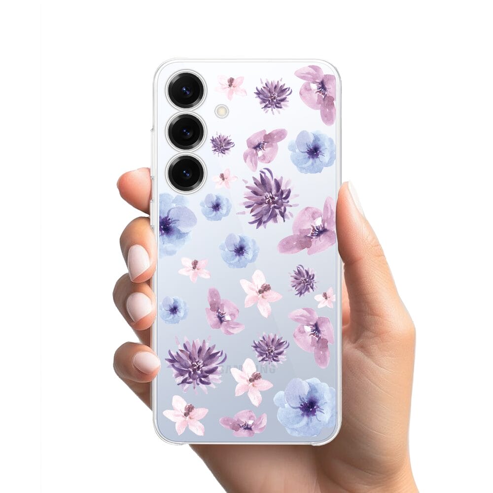 Etui do Samsung Galaxy S25 przeźroczyste, silikonowe Flexi, kwiatki niebieskie, fioletowe - obrazek 2