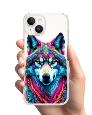 Etui do iPhone 14 Plus z MagSafe przeźroczyste, silikonowe Flexi, Dzika Mandala, Wilk