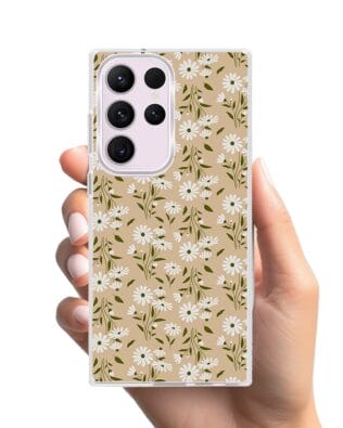 Etui do Samsung Galaxy S23 Ultra z MagSafe przeźroczyste, silikonowe Flexi, delikatne kwiatki na cielistym tle