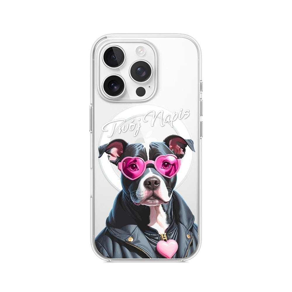 Etui do iPhone 16 Pro Max z MagSafe przeźroczyste, silikonowe Flexi, Puppy Love, pies rasy Amstaff