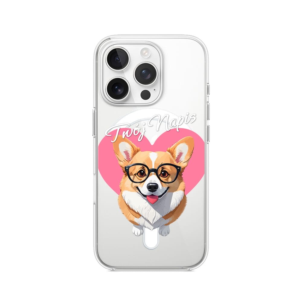 Etui do iPhone 16 Pro Max z MagSafe przeźroczyste, silikonowe Flexi, Puppy Love, pies rasy Corgi