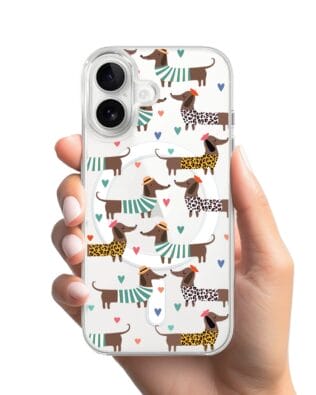 Etui do iPhone 16 Plus z MagSafe przeźroczyste, silikonowe Flexi, zakochane jamniki