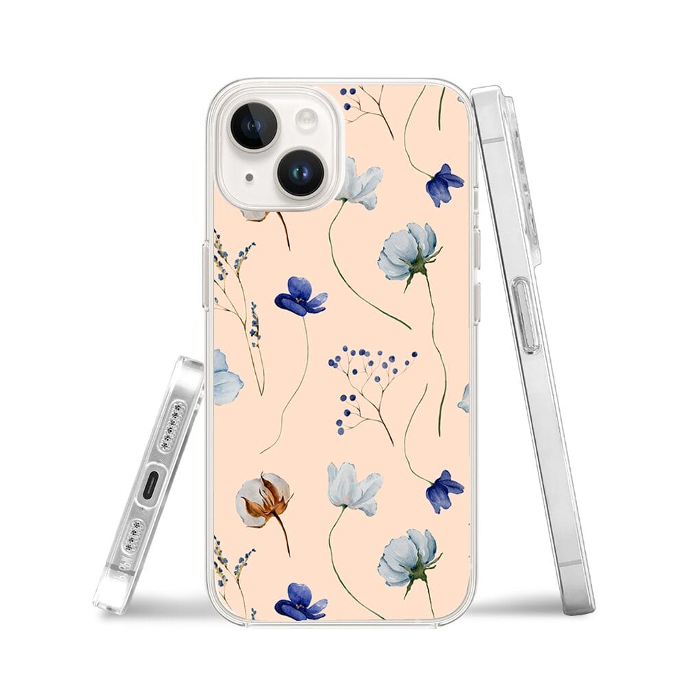 Etui do iPhone 13 Mini przeźroczyste, silikonowe Flexi, kwiatki niebieskie na pudrowym tle - obrazek 3