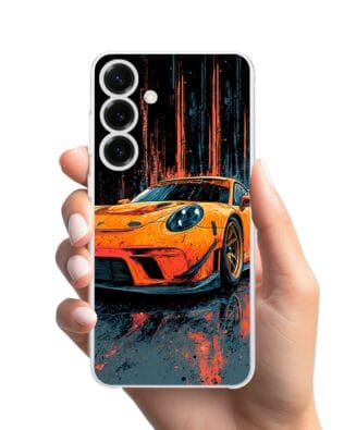 Etui do Samsung Galaxy S25 Plus przeźroczyste, silikonowe Flexi, Szybkie Auta, Pomarańczowa 911