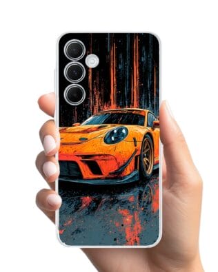 Etui do Samsung Galaxy A55 5G przeźroczyste, silikonowe Flexi, Szybkie Auta, Pomarańczowa 911