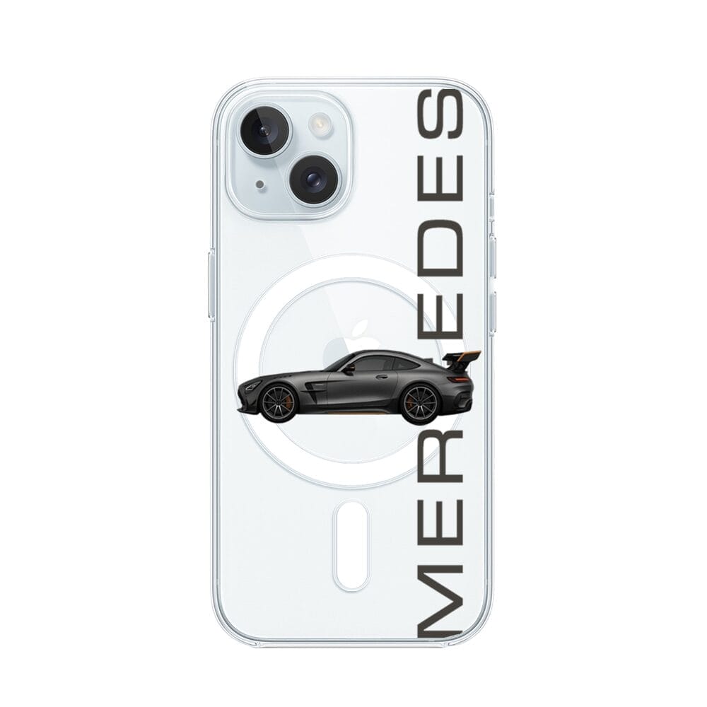 Etui do iPhone 15 z MagSafe przeźroczyste, silikonowe Flexi, Szybkie Auta, Stalowe AMG-GT