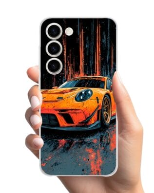 Etui do Samsung Galaxy S23 przeźroczyste, silikonowe Flexi, Szybkie Auta, Pomarańczowa 911