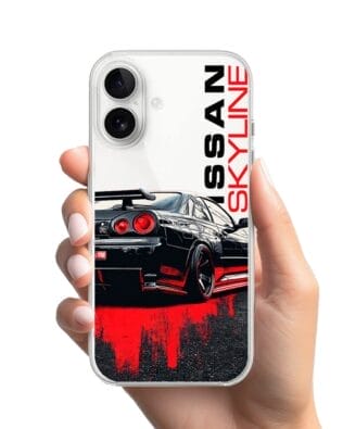 Etui do iPhone 16 przeźroczyste, silikonowe Flexi, Szybkie Auta, czarny Skyline