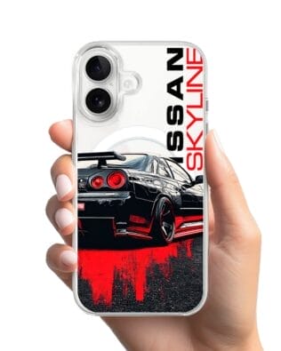 Etui do iPhone 16 Plus z MagSafe przeźroczyste, silikonowe Flexi, Szybkie Auta, czarny Skyline