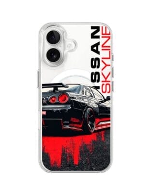 Etui do iPhone 16 z MagSafe przeźroczyste, silikonowe Flexi, Szybkie Auta, czarny Skyline