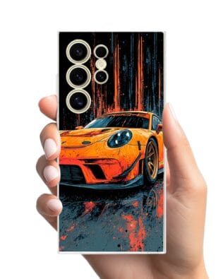 Etui do Samsung Galaxy S24 Ultra przeźroczyste, silikonowe Flexi, Szybkie Auta, Pomarańczowa 911