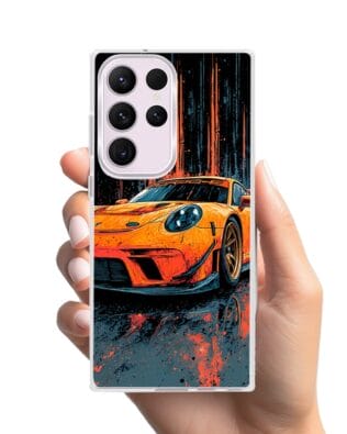 Etui do Samsung Galaxy S23 Ultra z MagSafe przeźroczyste, silikonowe Flexi, Szybkie Auta, Pomarańczowa 911