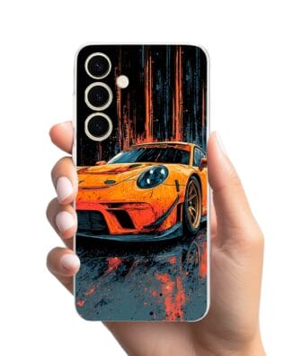 Etui do Samsung Galaxy S24 przeźroczyste, silikonowe Flexi, Szybkie Auta, Pomarańczowa 911