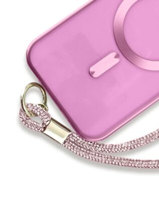 Długa smycz, pasek na szyję, ramię do telefonu, różowa, błyszcząca