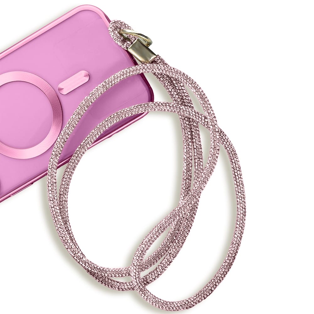 Długa smycz, pasek na szyję, ramię do telefonu, różowa, błyszcząca - obrazek 7
