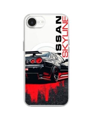 Etui do iPhone 16e z MagSafe przeźroczyste, silikonowe Flexi, Szybkie Auta, czarny Skyline