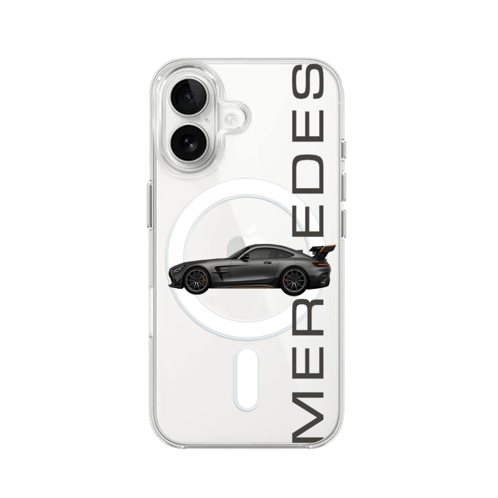 Etui do iPhone 16 Plus z MagSafe przeźroczyste, silikonowe Flexi, Szybkie Auta, Stalowe AMG-GT