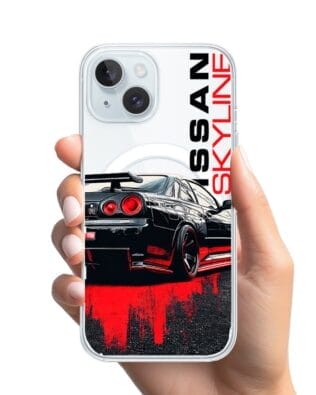 Etui do iPhone 15 Plus z MagSafe przeźroczyste, silikonowe Flexi, Szybkie Auta, czarny Skyline