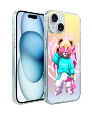 Etui do iPhone 15 IBIZU California Sunset, zmieniające kolor, Pink Queen, stylowy miś