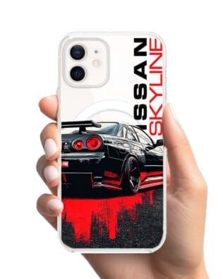 Etui do iPhone 12 z MagSafe przeźroczyste, silikonowe Flexi, Szybkie Auta, czarny Skyline