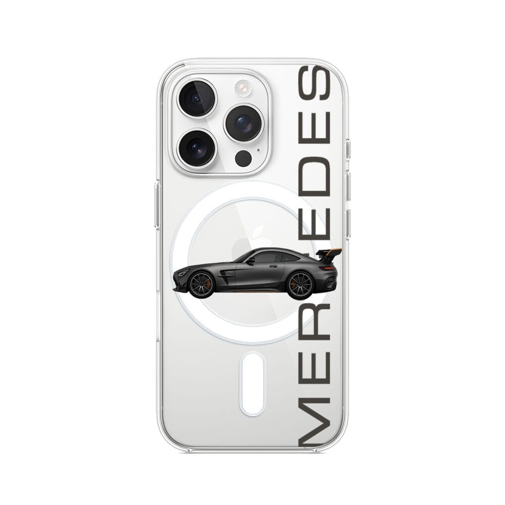 Etui do iPhone 14 Pro z MagSafe przeźroczyste, silikonowe Flexi, Szybkie Auta, Stalowe AMG-GT