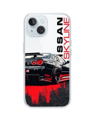 Etui do iPhone 15 Plus przeźroczyste, silikonowe Flexi, Szybkie Auta, czarny Skyline