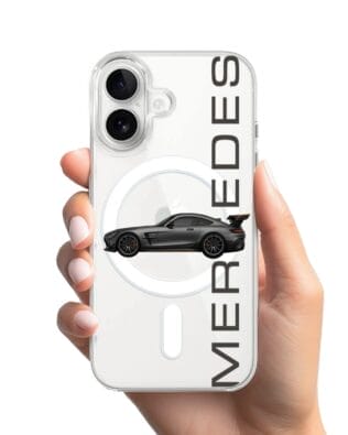 Etui do iPhone 16 Plus z MagSafe przeźroczyste, silikonowe Flexi, Szybkie Auta, Stalowe AMG-GT