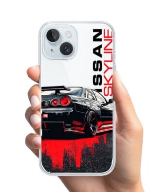 Etui do iPhone 15 Plus przeźroczyste, silikonowe Flexi, Szybkie Auta, czarny Skyline