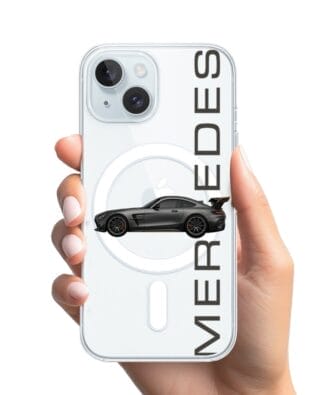 Etui do iPhone 15 Plus z MagSafe przeźroczyste, silikonowe Flexi, Szybkie Auta, Stalowe AMG-GT