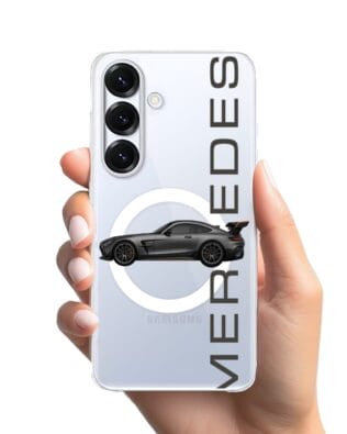 Etui do Samsung Galaxy S25 z MagSafe przeźroczyste, silikonowe Flexi, Szybkie Auta, Stalowe AMG-GT